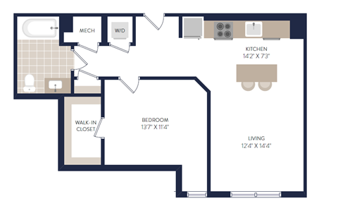 Floor plan for 1 bed, 1 bath, 574 sqft
